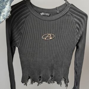 SHEIN Charcoal Ribbed Frayed Hem Sweatshirt